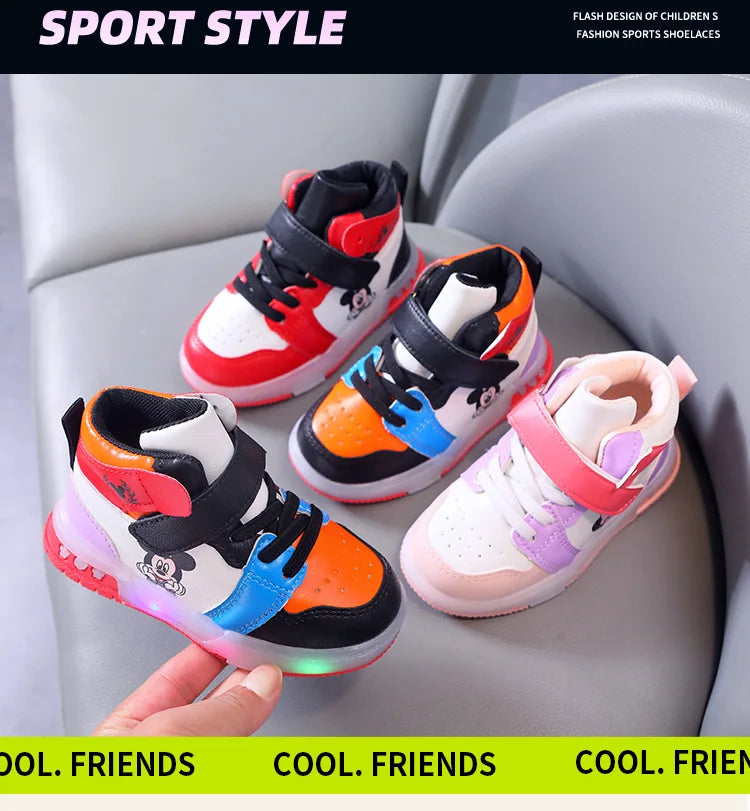 Disney Girls' Causla Shoes PU Leather Mickey Mouse LED Luminescent Children's Sneaker 1-6 Year Old Boys' Sports Casual Shoes