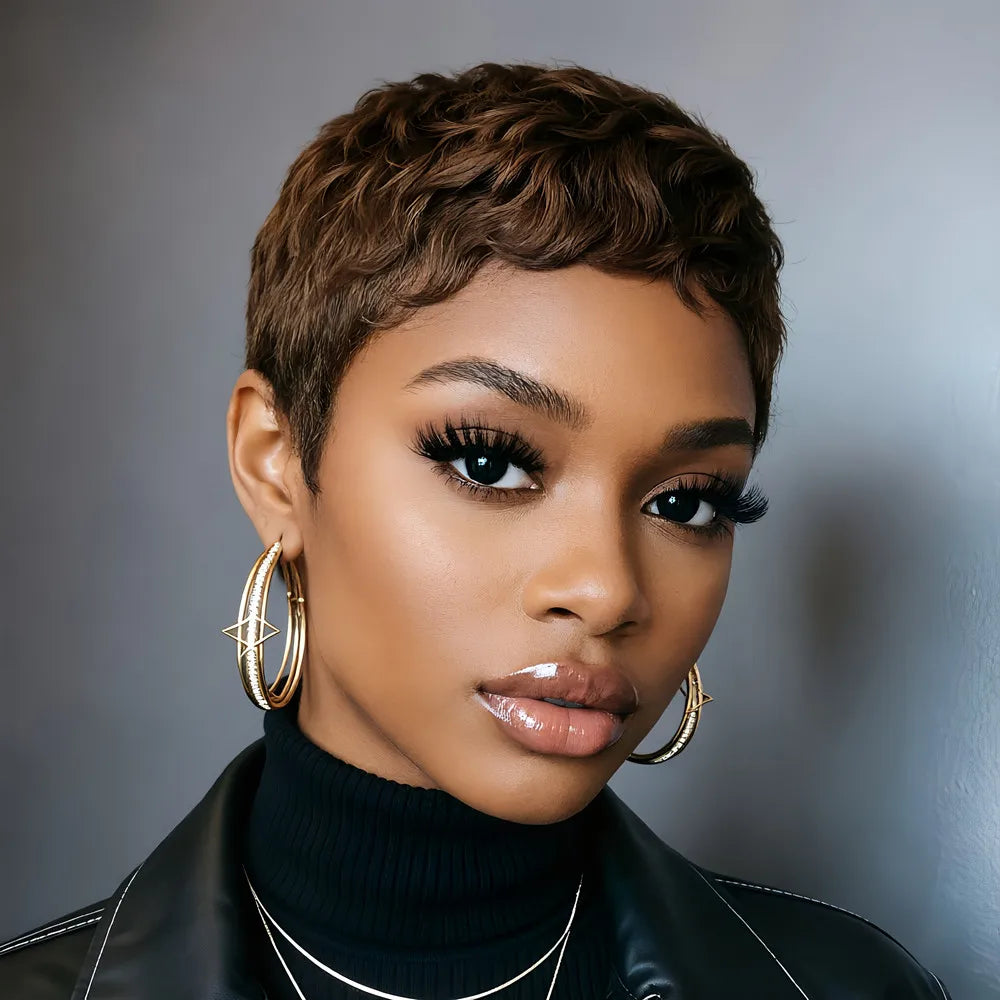 short layered pixie cut human hair wig 4inch summer wig black color 150% density machine made hair wig for women