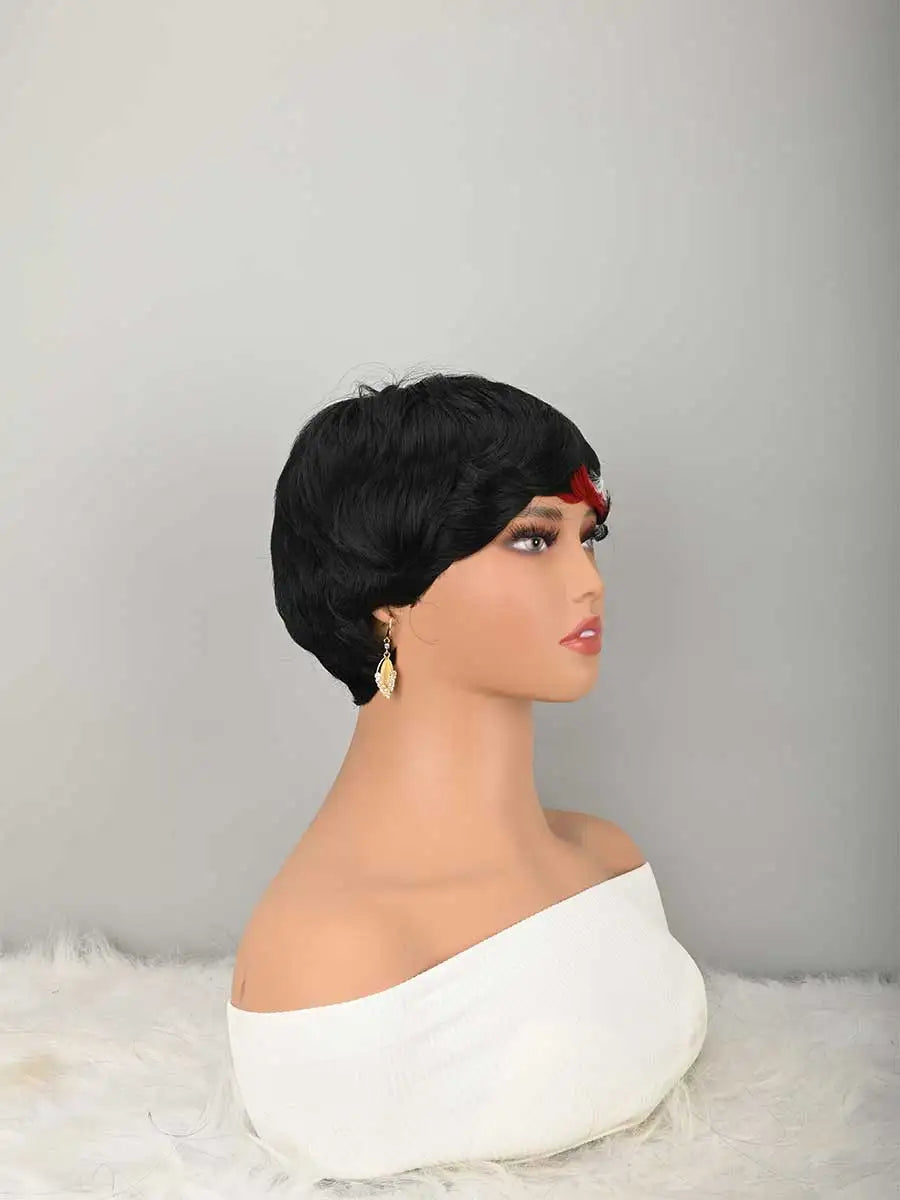 Short Bob Wig for PixieCut wigs Glueless WigNone Front Synthetic Wig withBangs Natural BlackStraight Full MachineMade Short Layered fordaily use