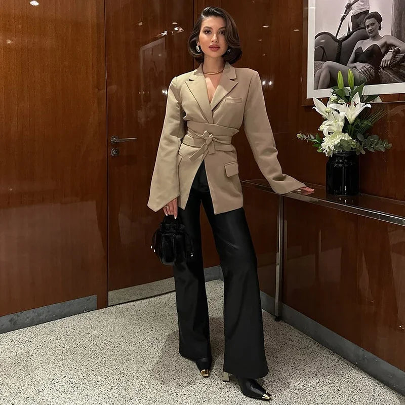 Elegant Trousers Suit Women Slim V-neck Pockets Blazer Full Sleeve Belt Straight Pants Sets Female Solid Sets Lady Spring Autumn