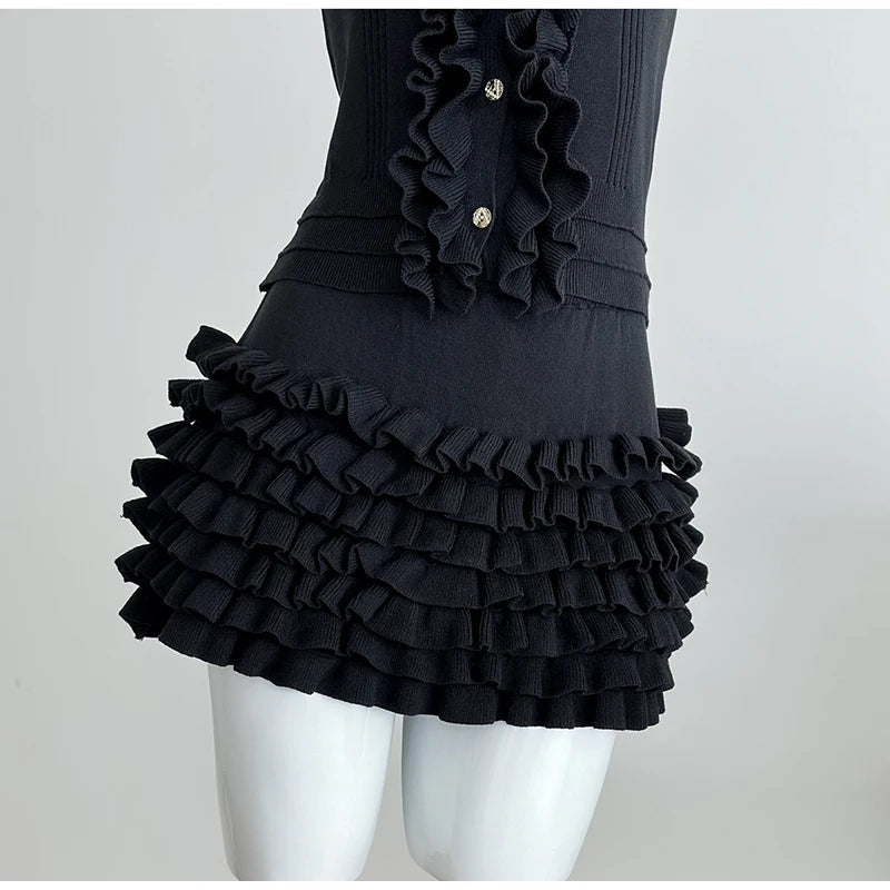 2 Two-Piece Knitted Skirt Sets Stylish Sleeveless Tank Tops and High Waist Layered Mini Skirts Black White Outfits Women Suits
