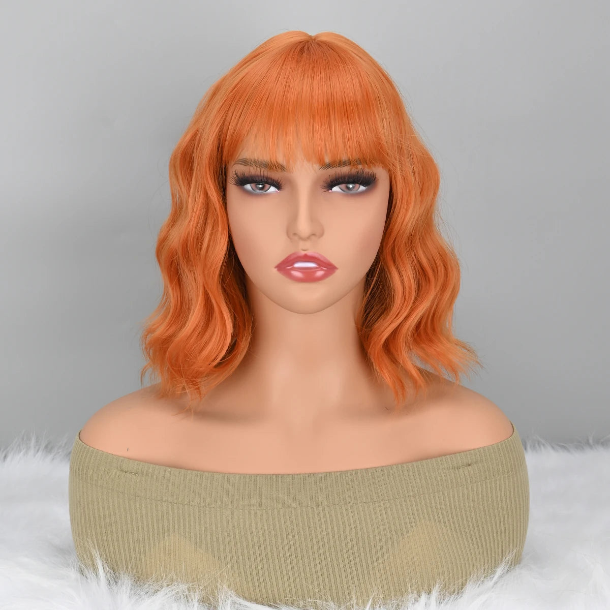 Short Wavy Curly Women Fresh Bright Synthetic Ordinary Flat Bangs Bob Wig (Light Orange)