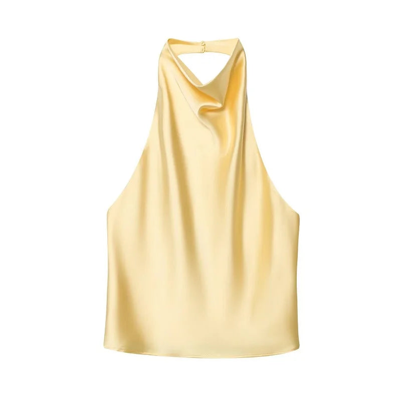 MUJER Halter Tops for Women Black Satin Backless Top Female Pink Summer Beach Top Woman off Shoulder Camisole Top Women