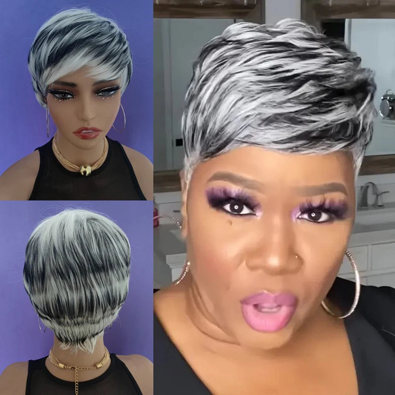 Short Natural Wave Pixie Gray New Comfortable African American Wig Capless Synthetic Hair Wig Women's All Grey / For Black Women
