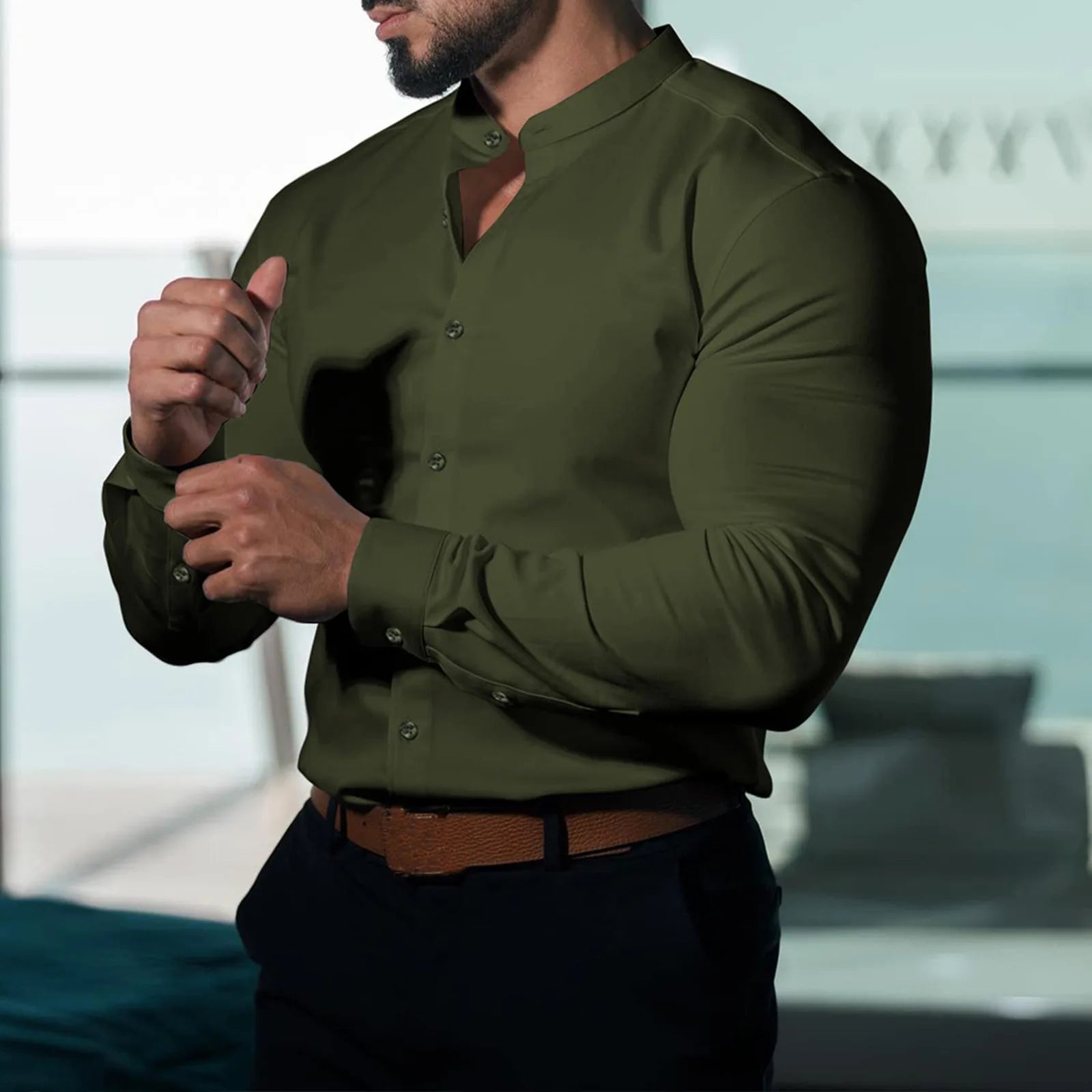 Men's  Casual Shirt Slim Fit Micro-elastic Long Sleeve Comfortable Versatile Stand Collar Tops Camisas  Men Dress Shirt