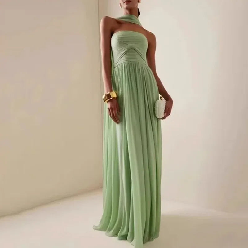 Women Sexy Fashion Backless Pleated Dresses Elegant Simple Casual Green Waist Chiffon Chic Evening Gown New Women Clothing