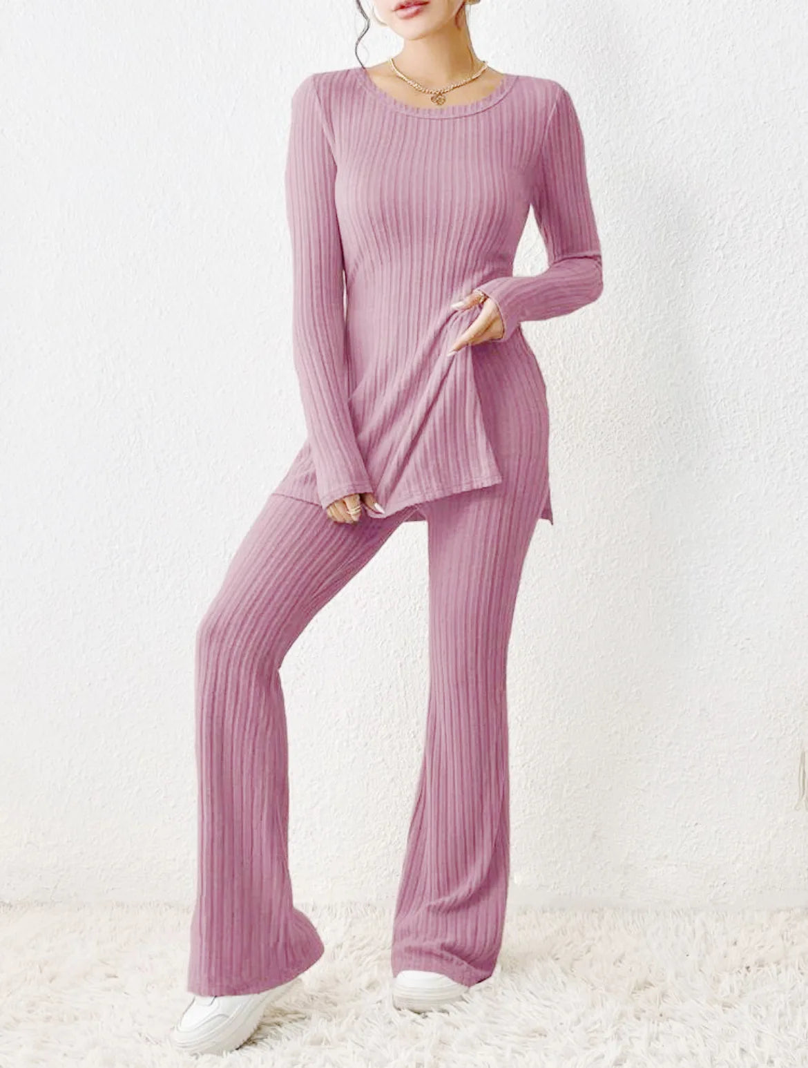 Ropa de Mujer Otoño Invierno Nuevo Estilo Color Sólido Sexy Casual Manga Larga Cuello Redondo Rajado Moda Temperamento Conjunto de Dos Piezas
