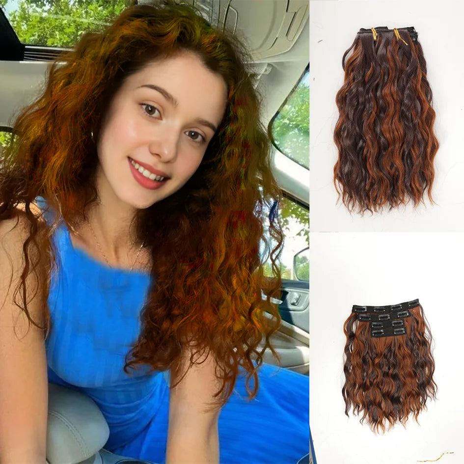 Synthetic women's wig 12 inches 4 pieces/set short roll hair extensions, wavy hair extensions, wavy hair extensions, honey gold