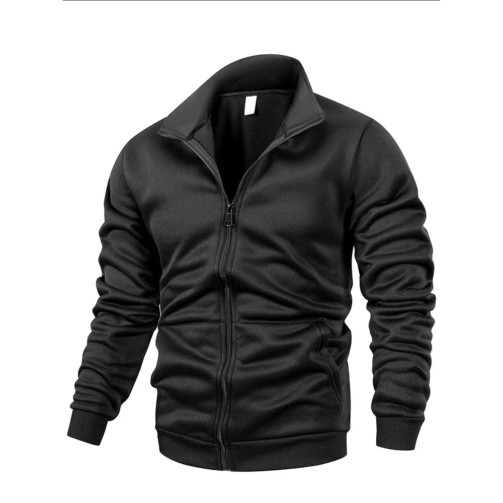 Veste de printemps à manches longues et fermeture éclair pour homme, couleur unie, col montant, chaude, survêtement d'extérieur