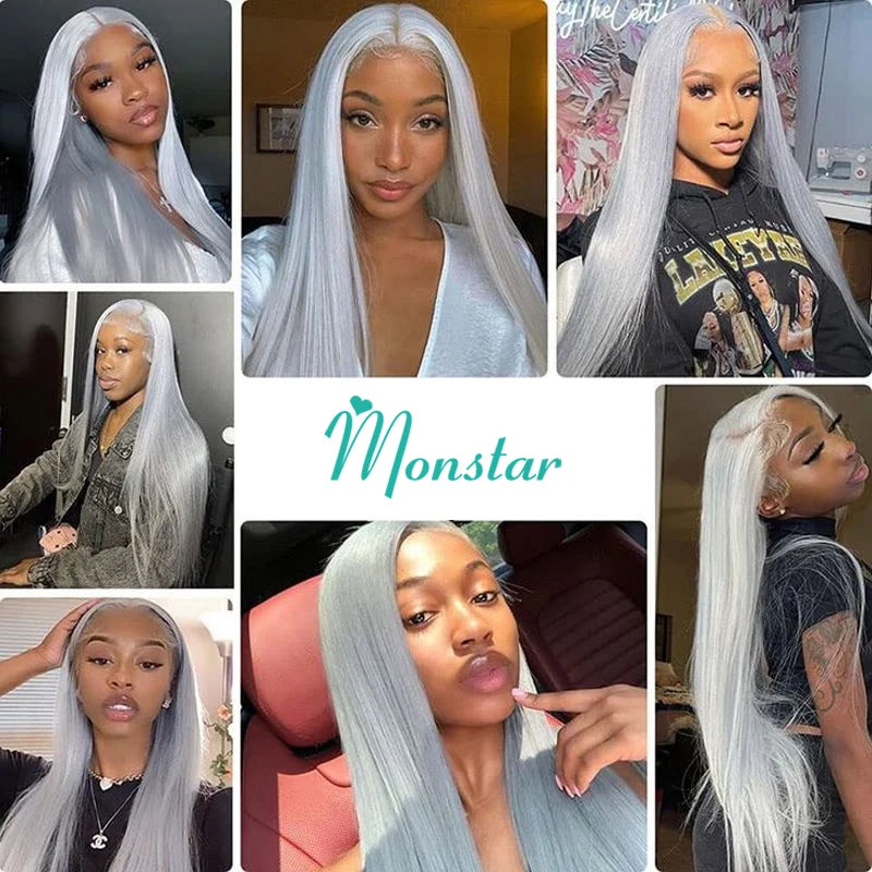 Silver Grey Straight Wigs Human Hair Brazilian 13x6 HD Lace Frontal Colored 613 Wigs Pre Plucked With Baby Hairline 200% Density