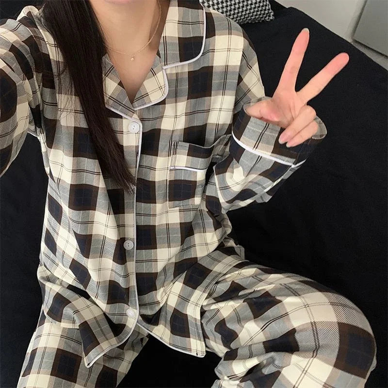Trend Vintage Fashion Black Plaid Print Women Pajamas Literary Mature Lazy Home Casual Lounges 2025 Spring New Milk Silk Pajamas