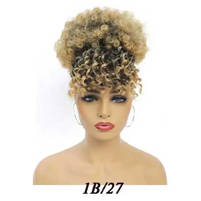 Synthetic Afro Puff Hair Bun Extensions Drawstring Ponytail With Bangs Short Kinky Curly Pineapple Clip in on Wrap Updo Ponytail
