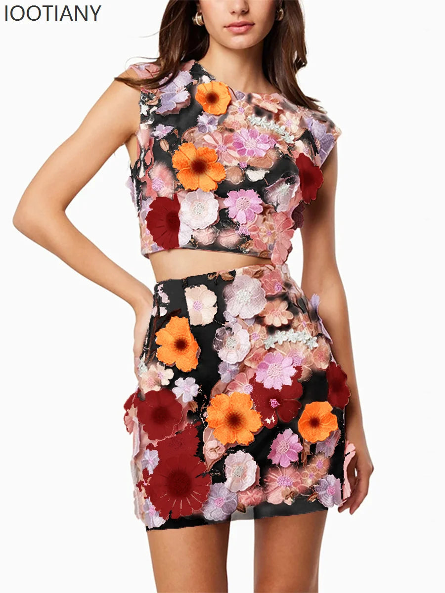 Women's Skirt Two-piece Suit High-grade Embroidery Crochet Sleeveless Temperament Elegant Sweet Short Top Hip Skirt Suit 2025