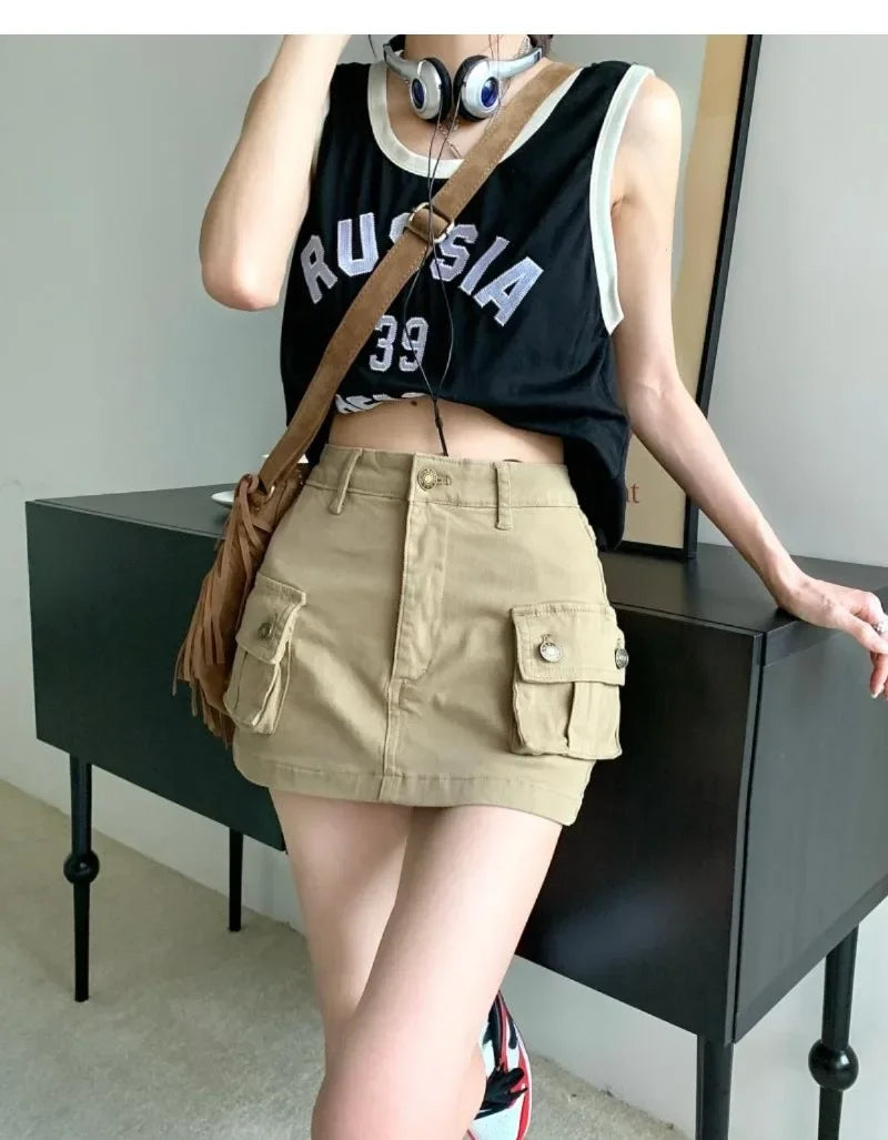 Women's Skirt Autumn New Denim Khaki Work Skirt Skinny American Half-body High Waist A-line Skirt Pocket A Line Sexy Dress