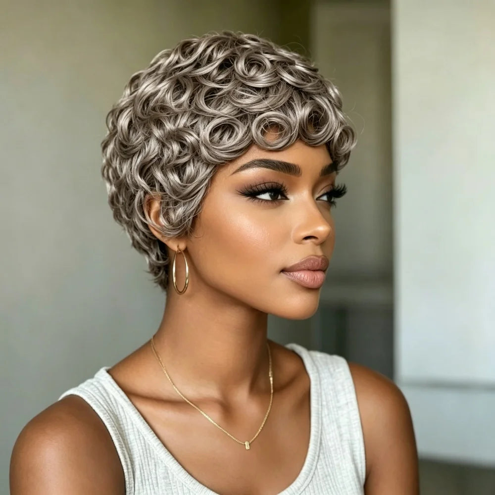 Short Pixie Cut Loose Curly Gray Human Hair Wig for Women Full Machine Made Stylish Silver Grey Synthetic Hair Topper