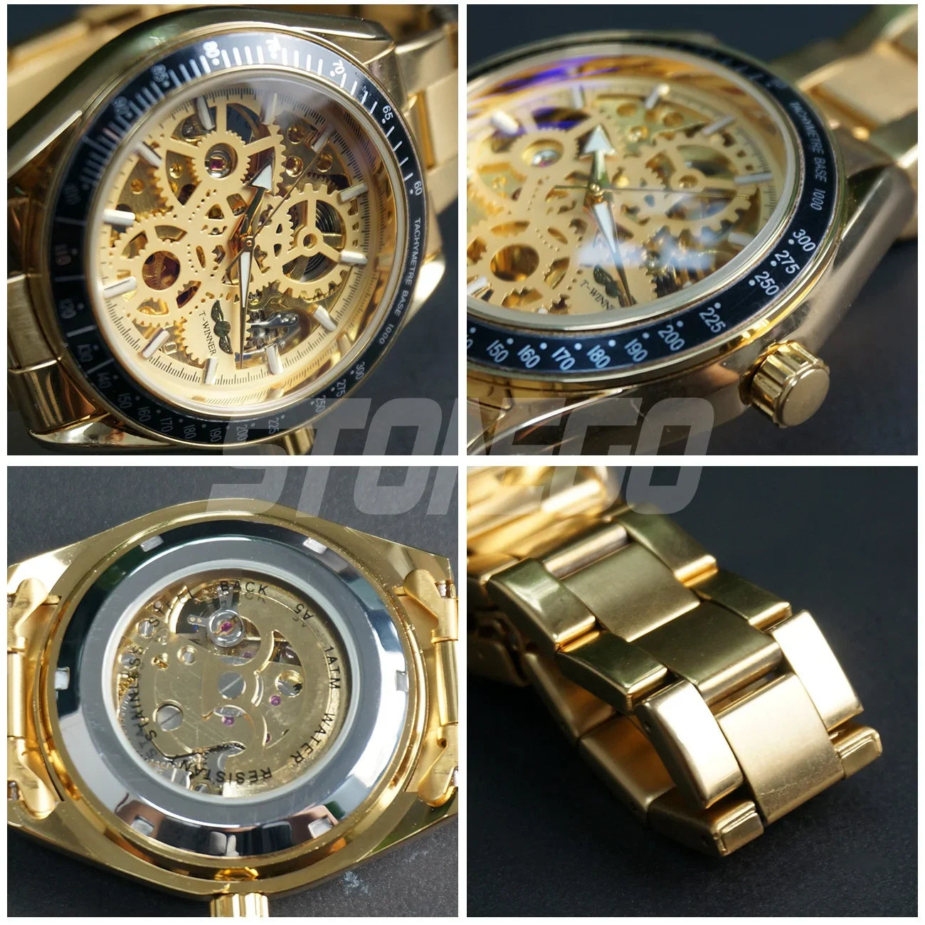 Women Automatic Mechanical Skeleton Watch Self-Winding Water Resistant Gold Plated Dress Wristwatch