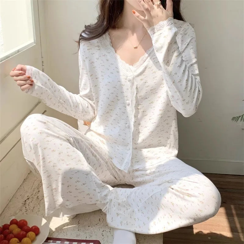 Three-Piece Pajama Set for Women Floral Lace Sweet Cardigan Camisole Homewear Long Sleeves Long Pants Fancy Underwear Ladies