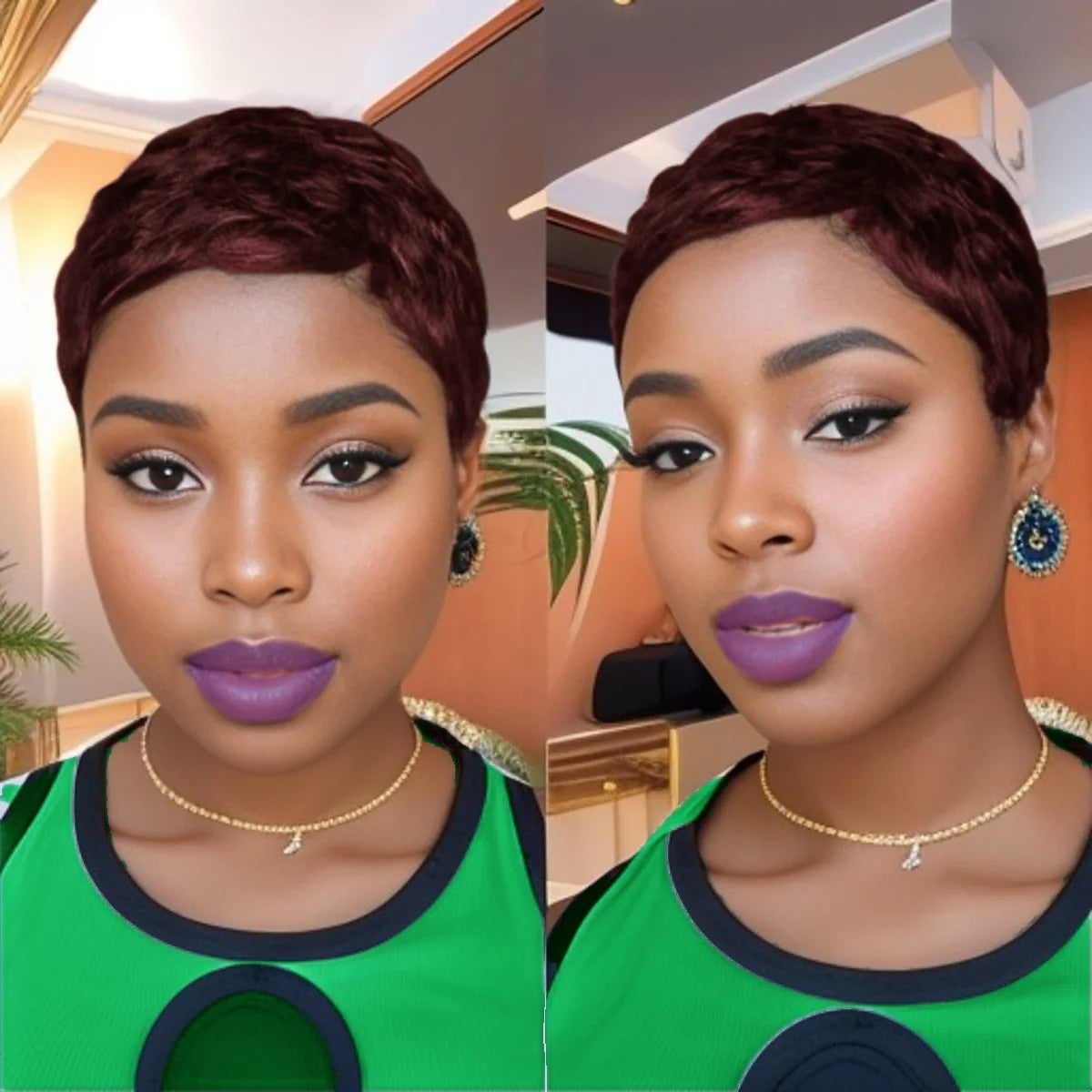 Peluca de Pelo Humano Pixie Corto en Capas con Flequillo, Hecha a Máquina, Uso Diario, Color para Mujeres Negras