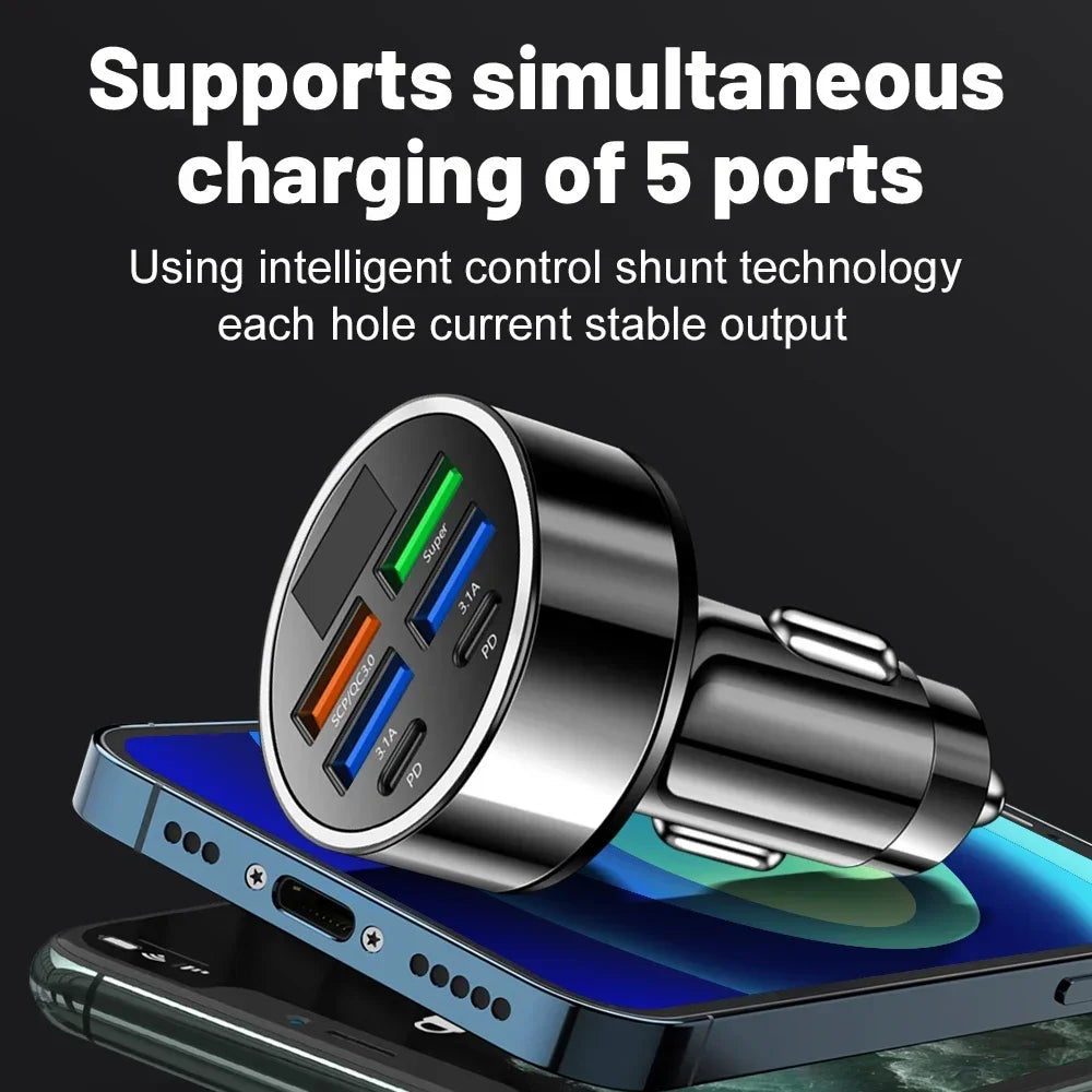 250W PD Car Charger USB Type C QC3.0 Fast Charge 6 Port Car Cigarette Lighter Plug for Phone Flash Charge with Digital Display