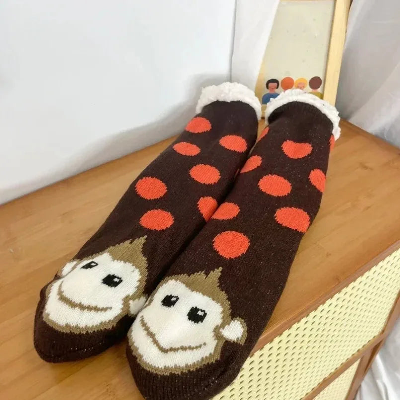 Fuzzy Thermal Sock Women Winter Warm Funny Bear Sheep Cute Kawaii Non Slip Cartoon Sleeping Soft Comfy Female Floor Slipper Sock