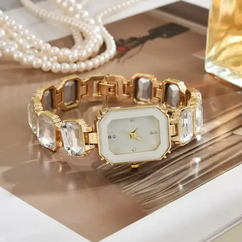 New Retro Shiny Rectangular Dial Rhinestone Bracelet Watch for Women Luxury Gold Color Stainless Steel Ladies Wristwatch
