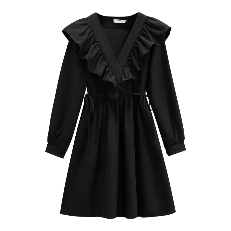 Plus Size Dresses Women Autumn New Arrivals Long Puff Sleeve Black V Neck A Line Dress Large Size Women Clothing Dress