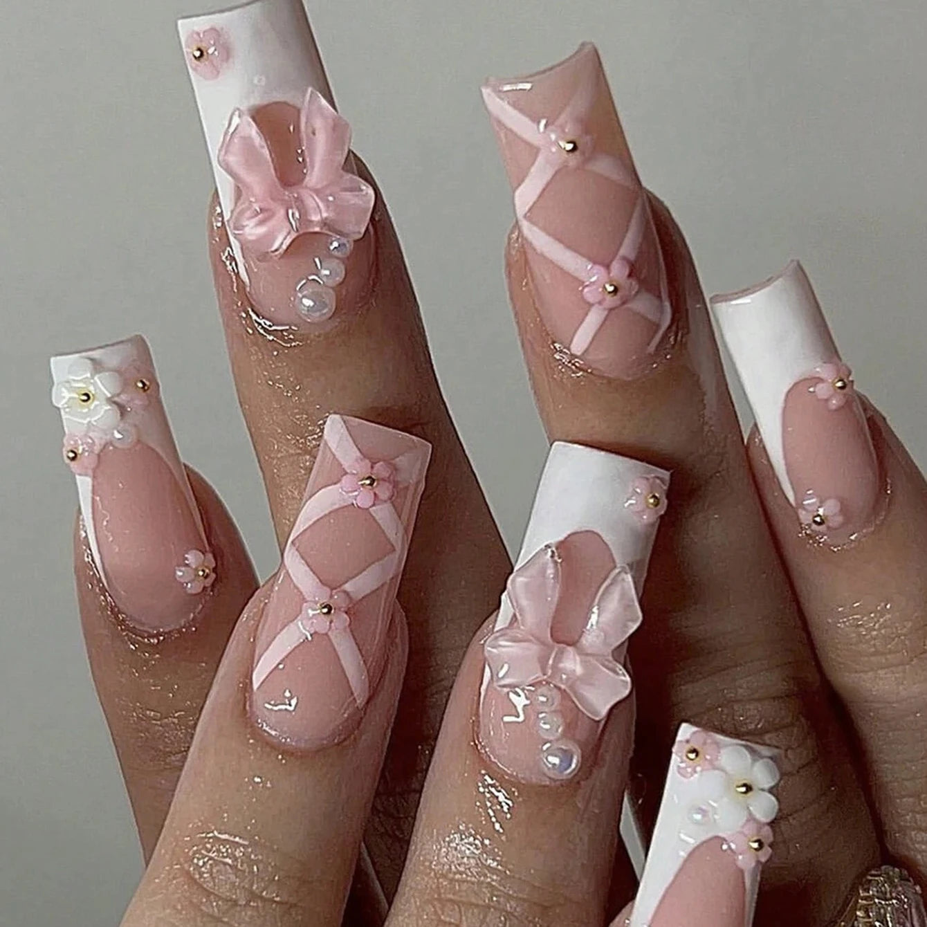 24pcs Upgrade Your Look With Pink leopard print bow full coverage false nail set 1pc Nail File & 1Nail Glue Sticker Kit Nails