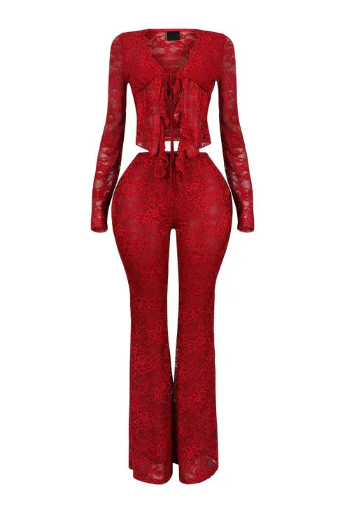 Pant Sets Women Two Pieces Cardigan Lace Sexy Tops Tracksuit Full Wide Leg Pants Loose Fit Casual Spliced High Waist Solid