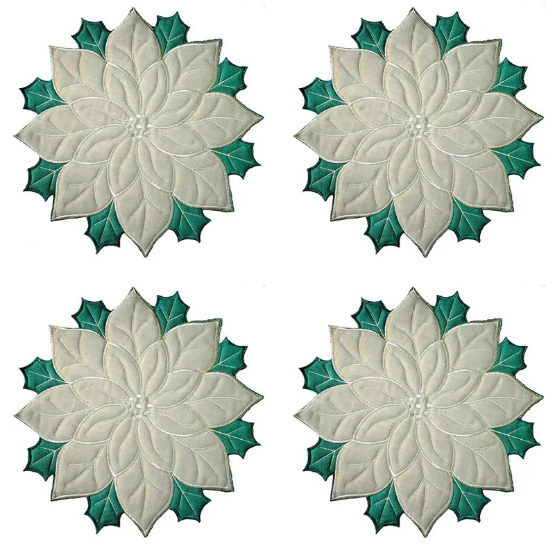 Holiday Christmas Embroidered Placemats Applique Poinsettia Placemats Christmas Flower Placemat For Table Decoration