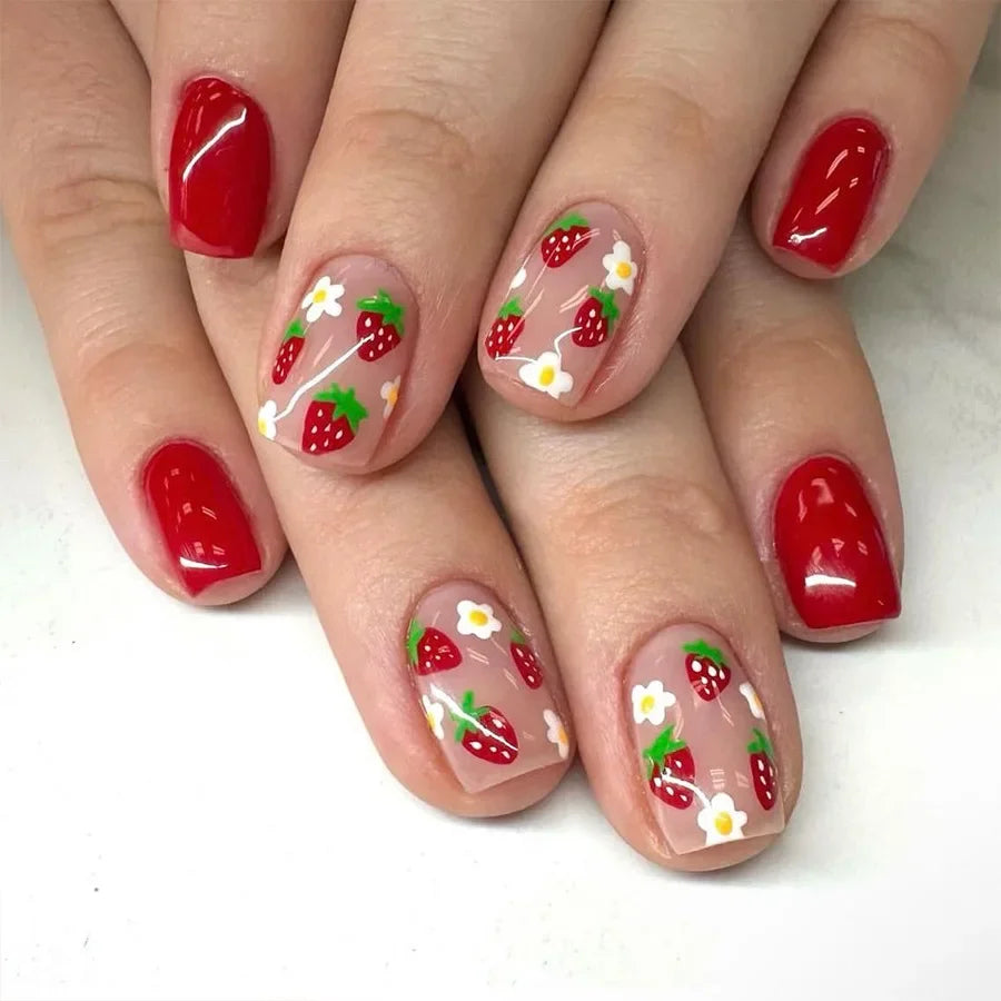 24pcs/box Glossy Short Square Fake Nails Colorful French Tip Press On Nails Flower Pattern Spring Summer False Nails For Women