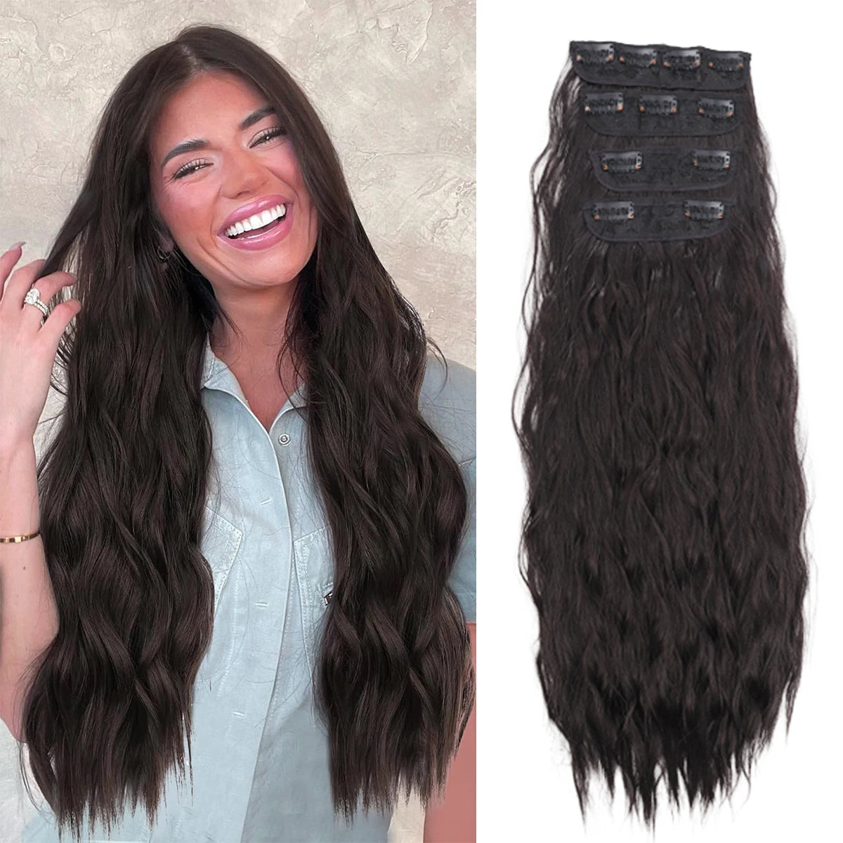 Natural Long Wavy Synthetic Hair Extension 18-32 inches Black 4pcs Hairpiece Fiber Double Weft Hair For Women Hair Accessories