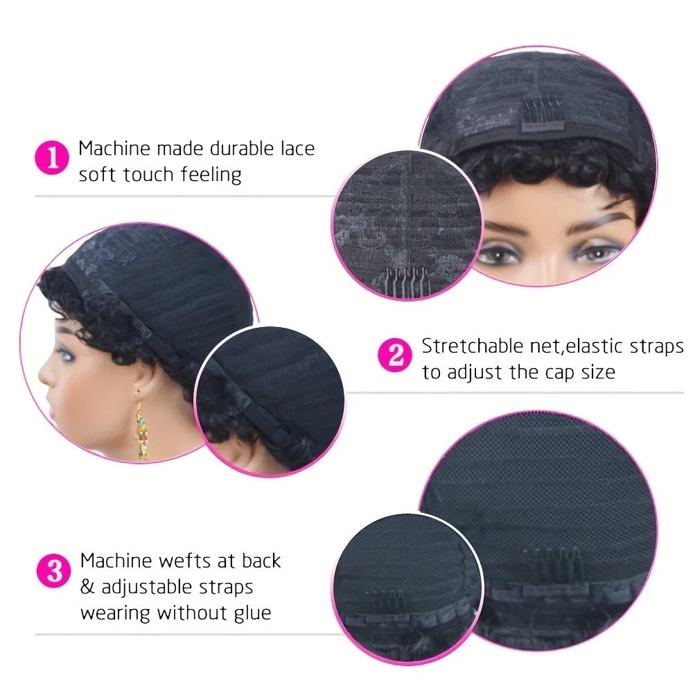 Short Pixie Human Hair Wigs for Fashion Women Full Machine Made Pixie Cut Wig Curly Human Hair Wigs with Bangs Natural Wavy Blac