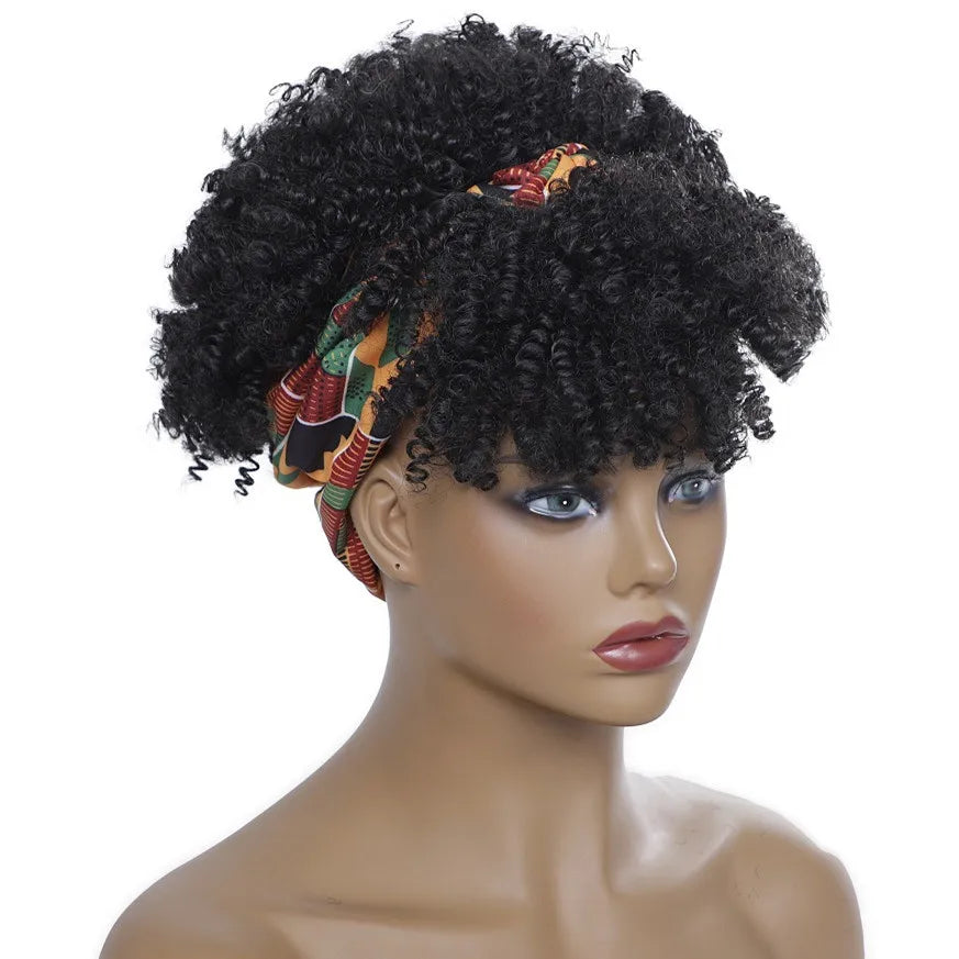 Headband Wigs for Women Synthetic Hair Kinky Curly Wigs With Scarf Natural Short Afro Wig for Black Woman False Hair Woman Wigs