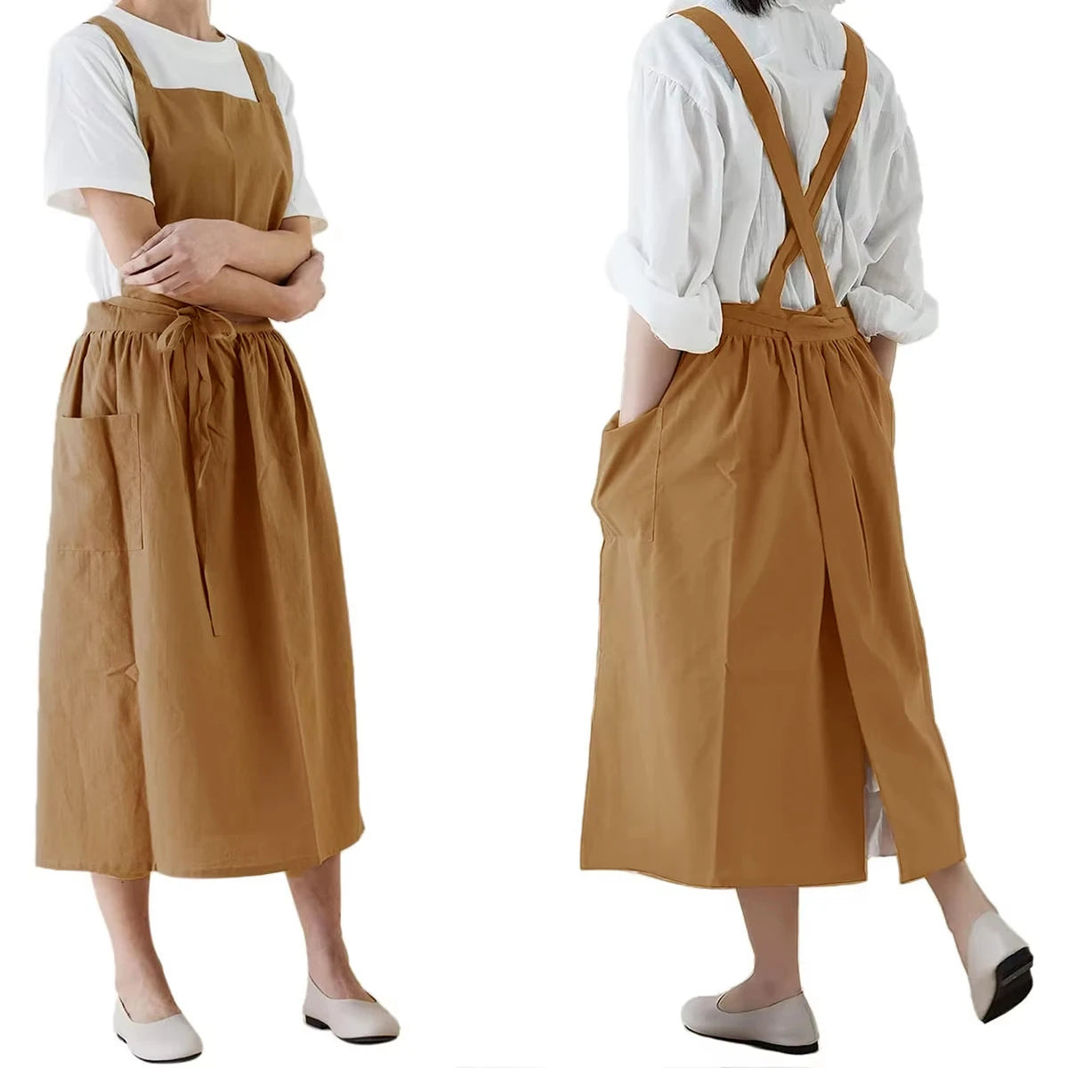 Waterproof Women Girls Vintage Apron Adjustable Gardening Works Cross Back Cotton/Linen Blend Aprons Pinafore Dress