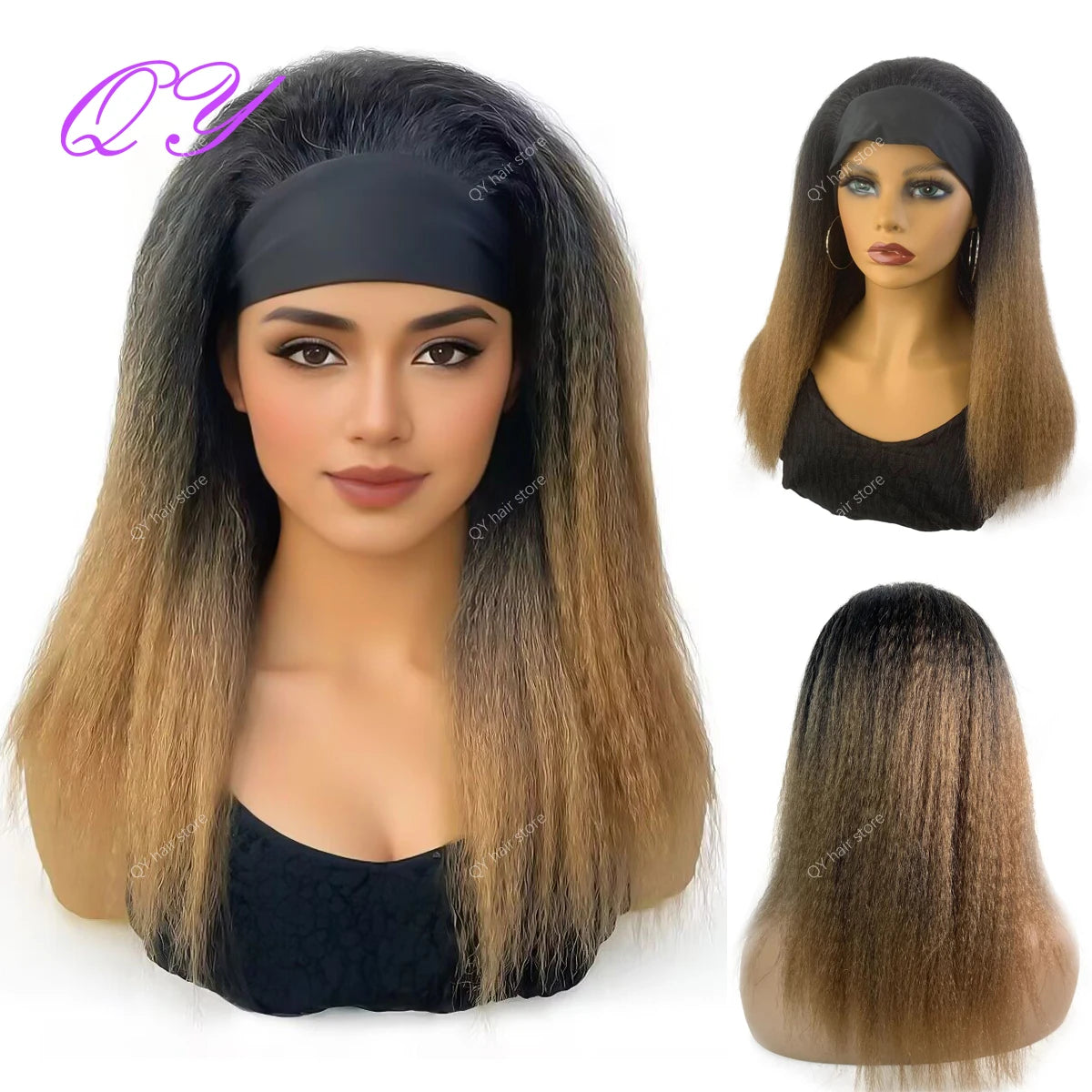 Synthetic Wig African Women Yaki Straight Headband Wigs  brownish #4 Medium Length Hairstyle Women's Wig Daily Ladies Turban Wig