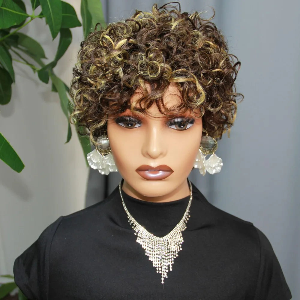 4/27 Highlight Blonde Wigs Human Hair Pixie Curly Bob Wigs Short Bob Human Hair Wigs Preplucked Brazilian Hair 150% Density