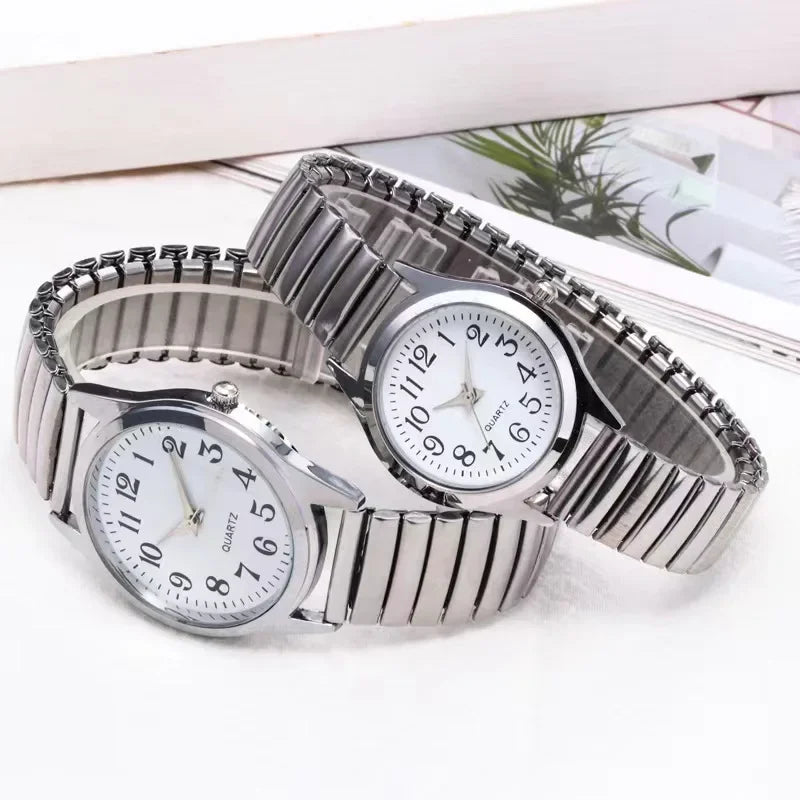 Relojes de pulsera para hombre y mujer, correa de acero inoxidable, aleación, para amantes, movimiento de cuarzo, correa elástica