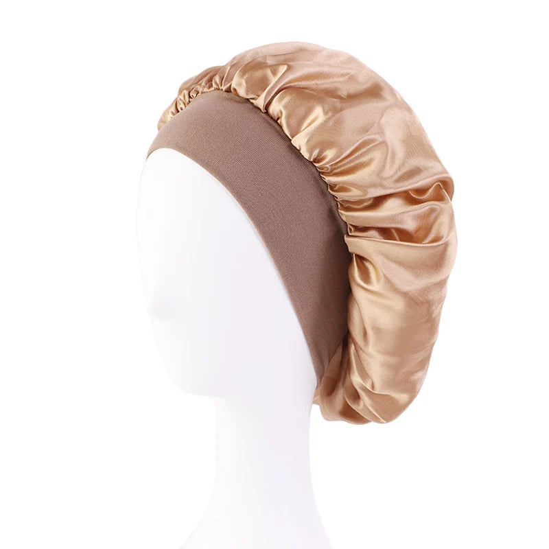Gorros de satén lisos para mujer, con ala ancha, para dormir, bañarse, gorro unisex, con banda elástica, para el cuidado del cabello