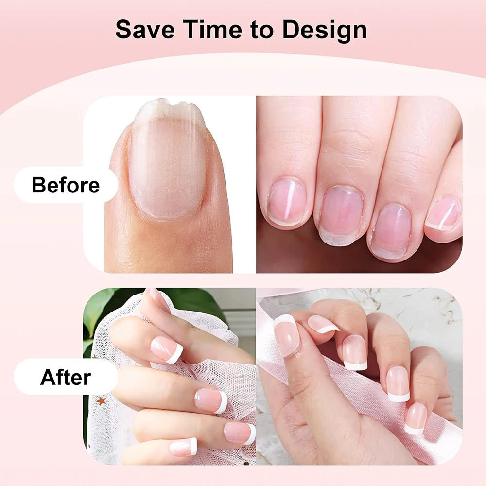 24Pcs French Square Round Head Fake Nails Natural Nude/Pink Press On Nails Tips With White-edges Wearable Full Cover Flase Nails