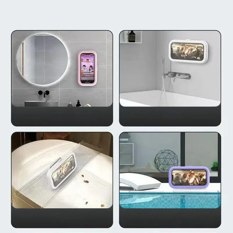 Shower Phone Holder with Speaker - 480 Rotation, Wall Phone Mount for Shower, Waterproof Anti Fog Shower Case for 4-7" Phones