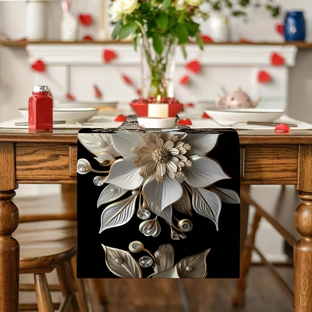 1 Piece of Elegant White and Gold Floral Table Runner, Durable Polyester Fiber, Rectangular |   Perfect Suitable for Holiday Meals and Outdoor Parties