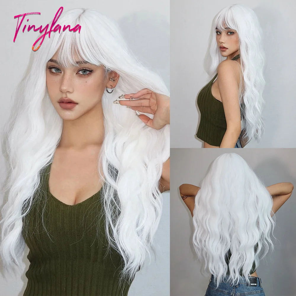 Perruques synthétiques longues et bouclées blanc platine avec frange pour femmes, perruque ondulée Afro Cosplay Lolita, cheveux naturels résistants à la chaleur, pour usage quotidien