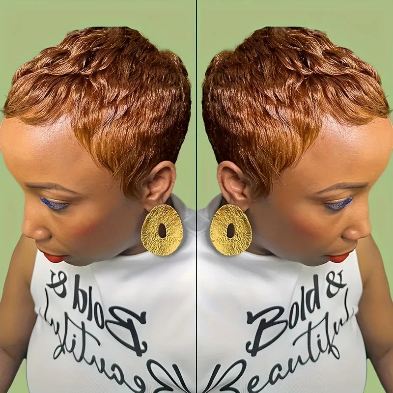 Pelucas de Cabello Humano Corto Pixie para Mujeres Pelucas Cortas de Cabello Humano Brasileño Castaño Claro Peluca #30 Aspecto Natural Hecha a Máquina