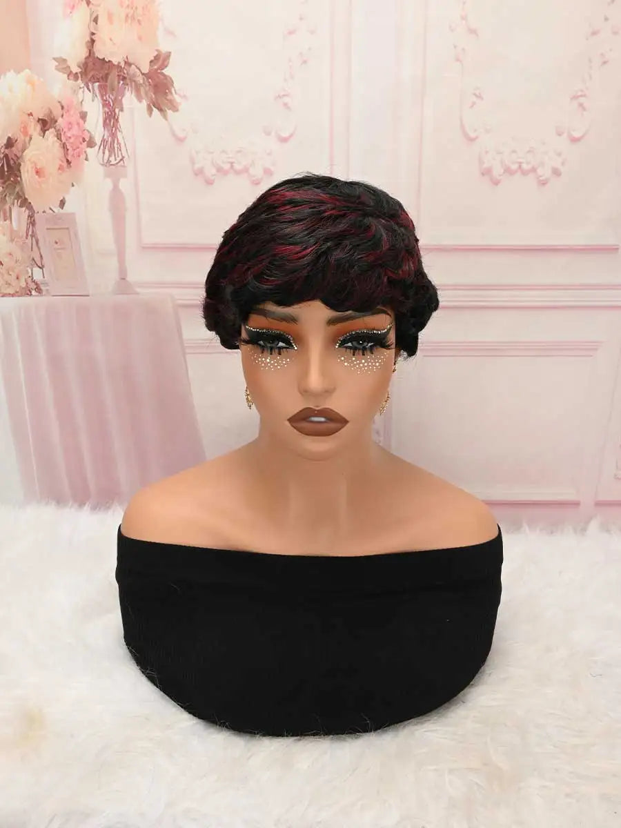 Black Burgundy Highlight Short Curly Pixie Wig Synthetic Bangs Wig For Daily Party
