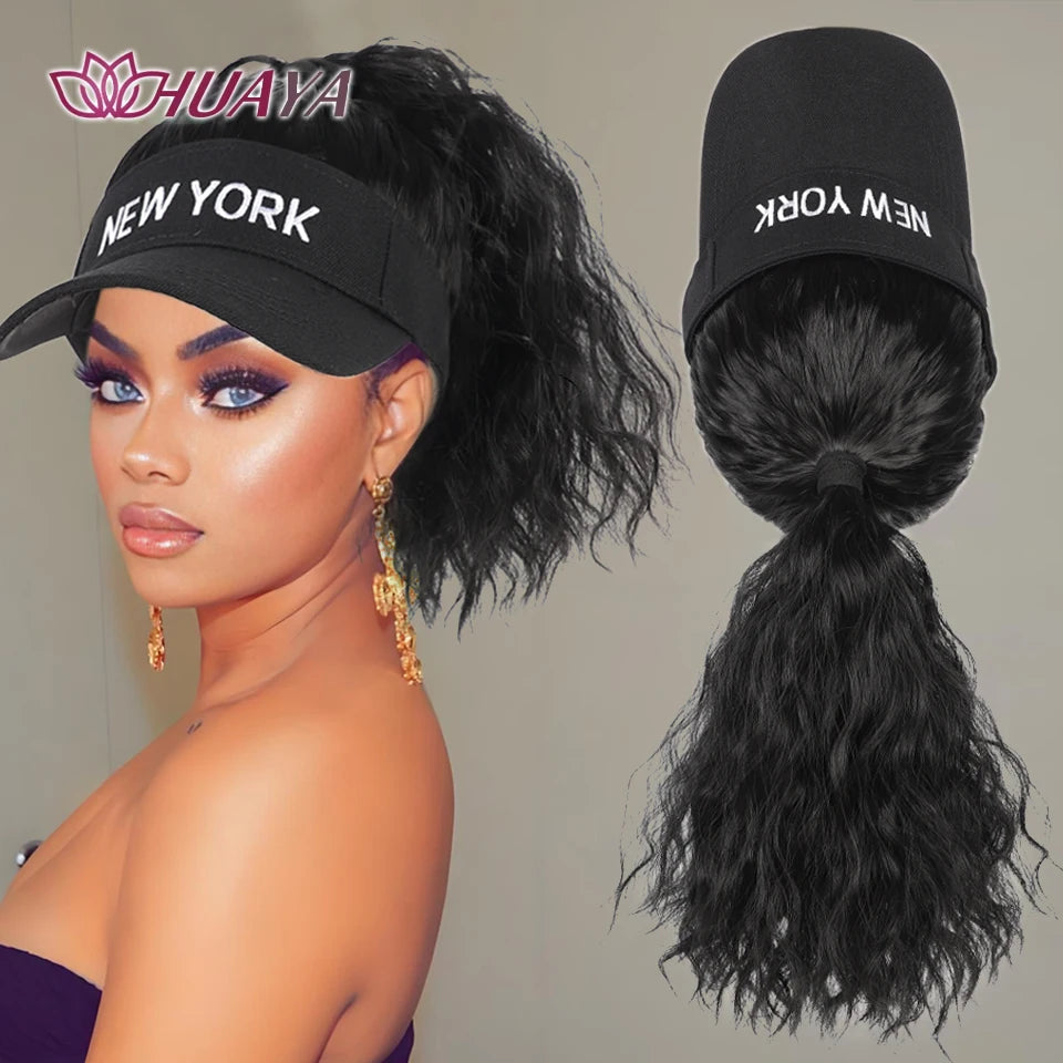 Extensiones de cabello sintético para mujer, rizadas, coleta, pelucas, sombrero, cubierta de cabeza conectada, gorra con visera, peluca para mujer, uso primavera-verano