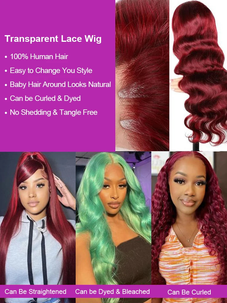Transparent 99J Burgundy 13x6 Lace Frontal Body Wave Wig Red Colored Human Hair 13x4 HD Lace Frontal Wigs For Women Bleach Knots