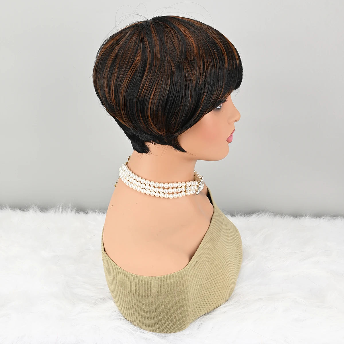 Highlight Synthetic Ombre Black Brown Short Straight Pixie Cut HairStyle Wigs With Bangs