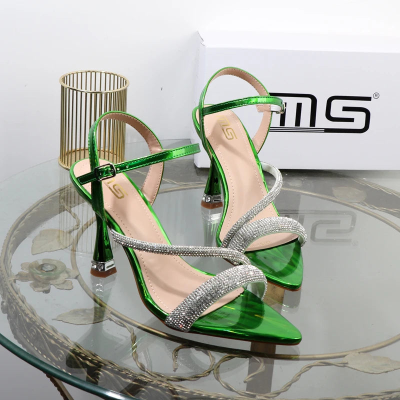 Luxury elegant green shoes  summer new high heels fashion Joker fashion fairy sandals Rhinestone buckle with women's shoes