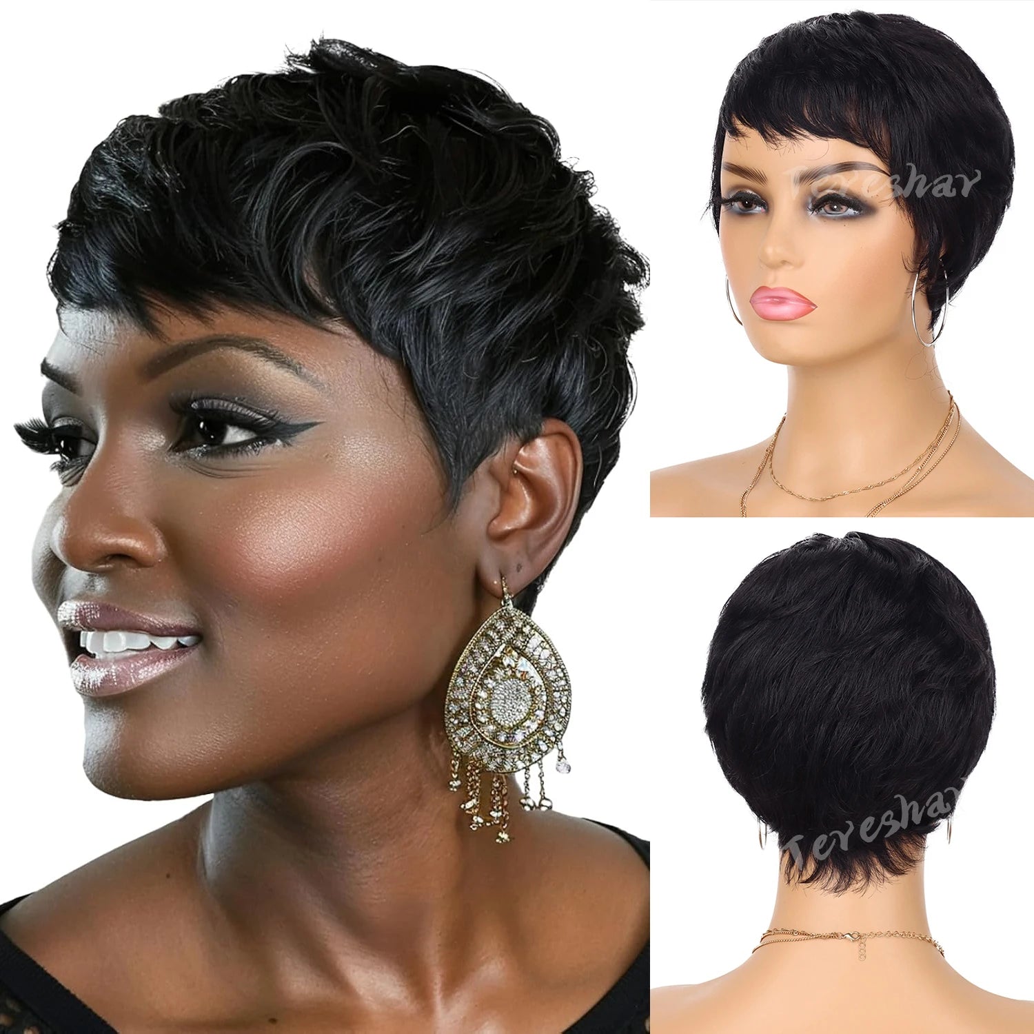 Synthetic Short Pixie Cut Wigs for Black Women Pixie Cut Wavy Wigs Layered Wigs Short Cut Natural Wavy Wigs for Daily Party Use