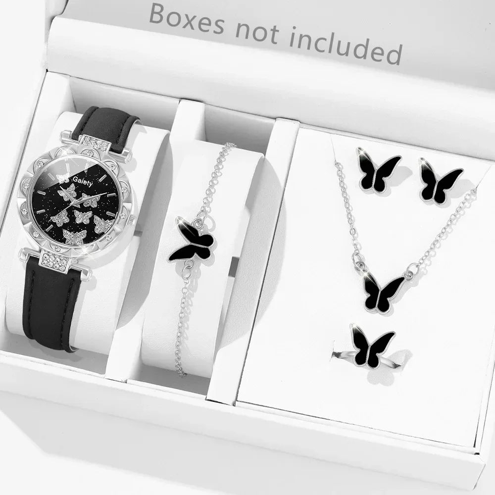 Conjunto de Reloj, Anillo, Collar, Pendientes y Pulsera para Mujer Relojes de Mariposa con Correa de Cuero reloj de señora relogios feminino reloj mujer